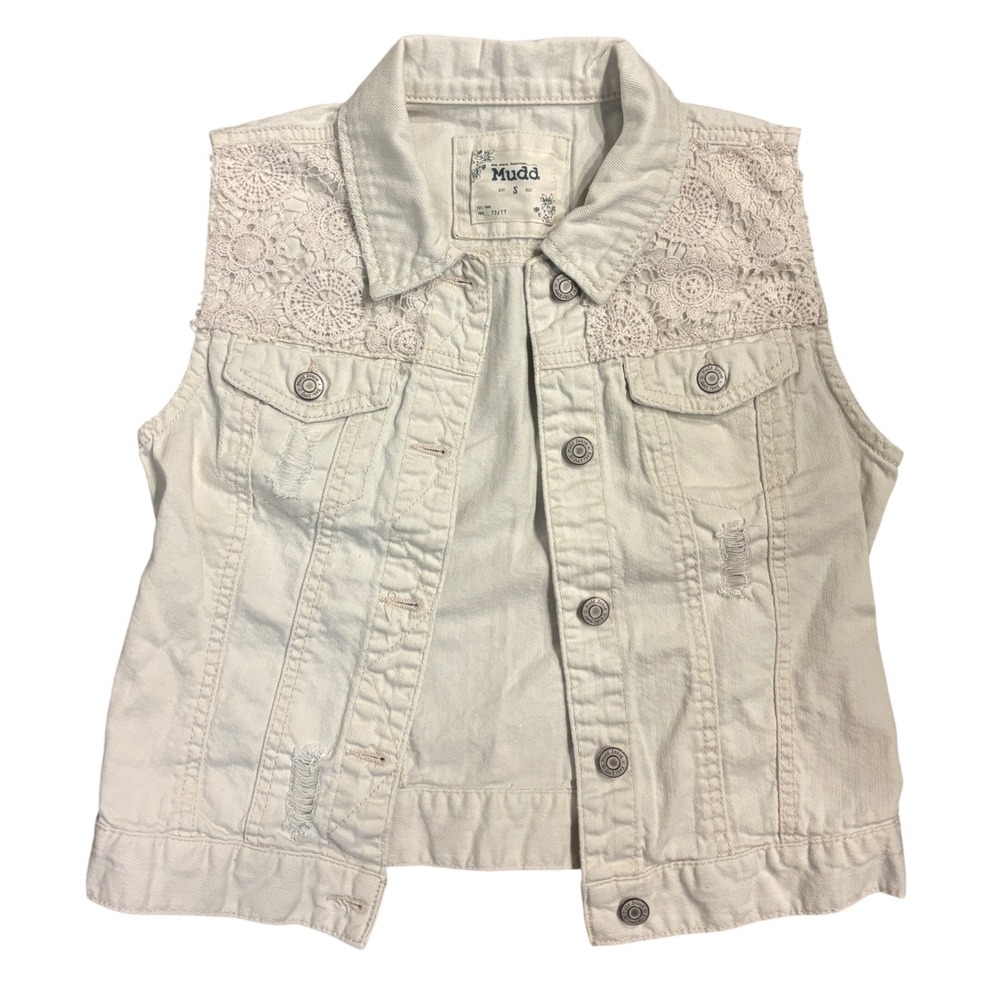 Mudd Denim Vest Size S Cream Crochet Lace Distressed Jean Jacket Sleeveless
